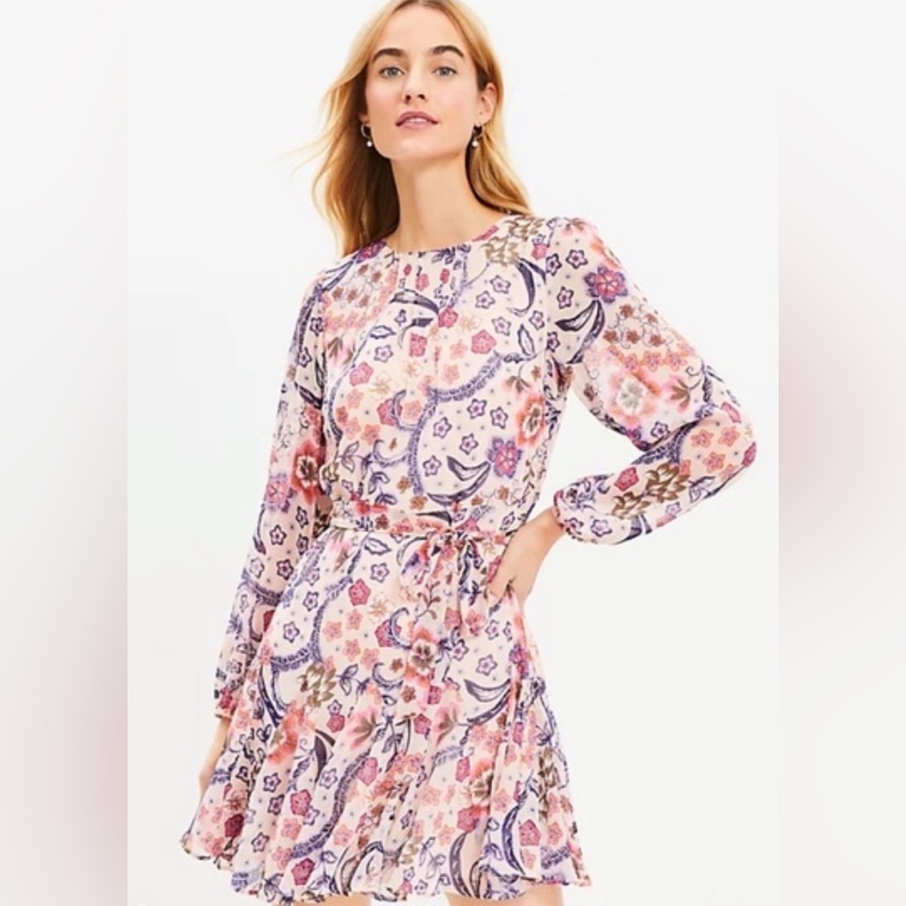 LOFT Pink Floral Paisley Long-Sleeve Tiered Dress size M
